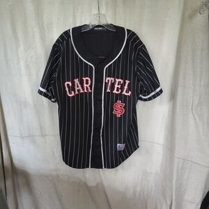 Men's XL Black and White Striped Baseball Jersey W/ Cartel Logo